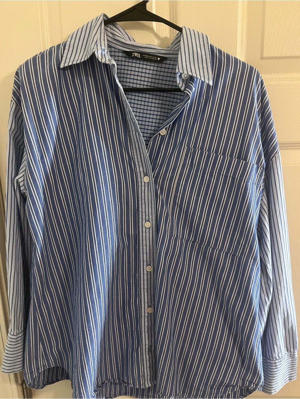 striped oversized blue button down